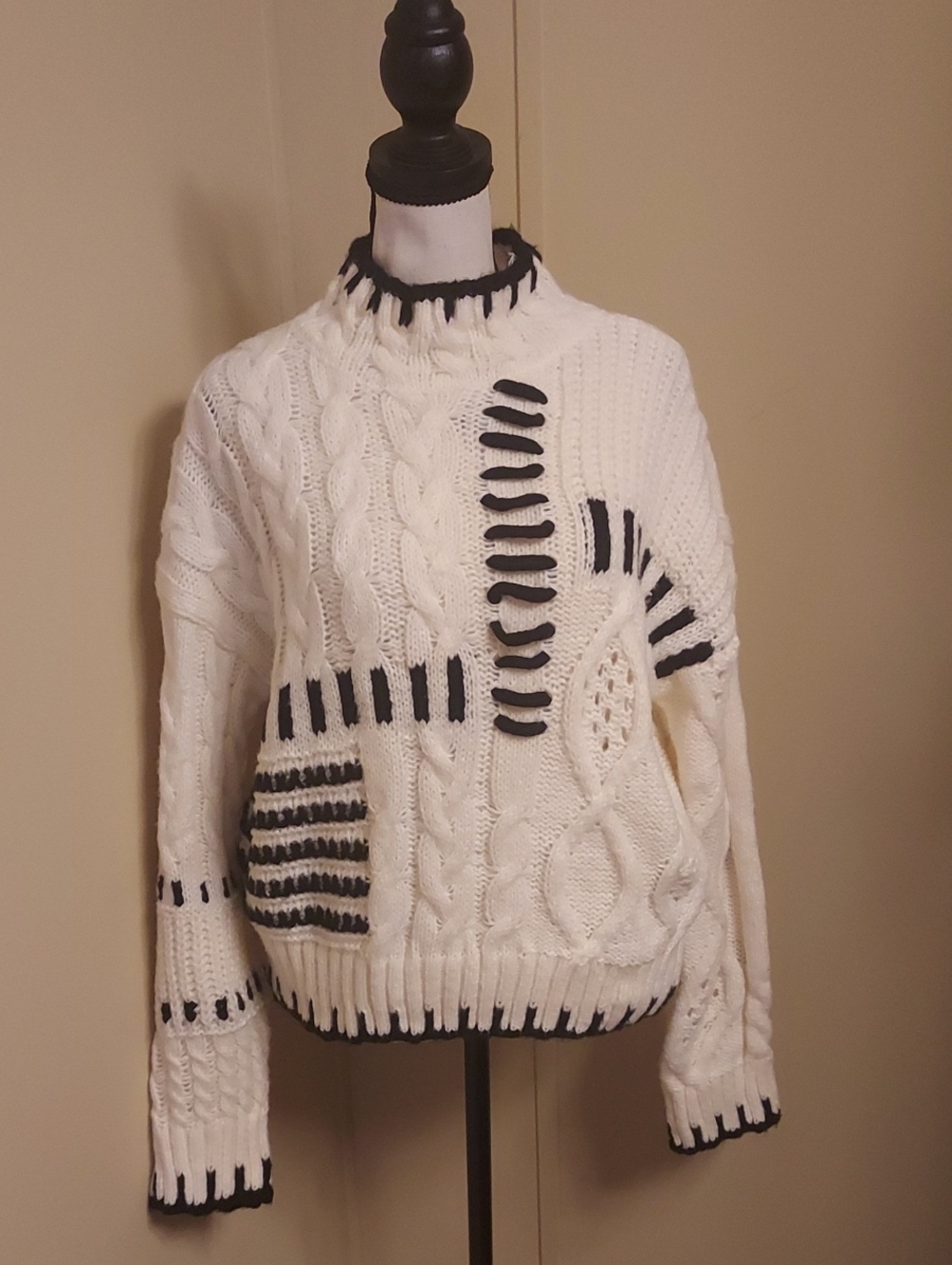 BiBi Cream Cable Knit Turtleneck Sweater with Black Trim